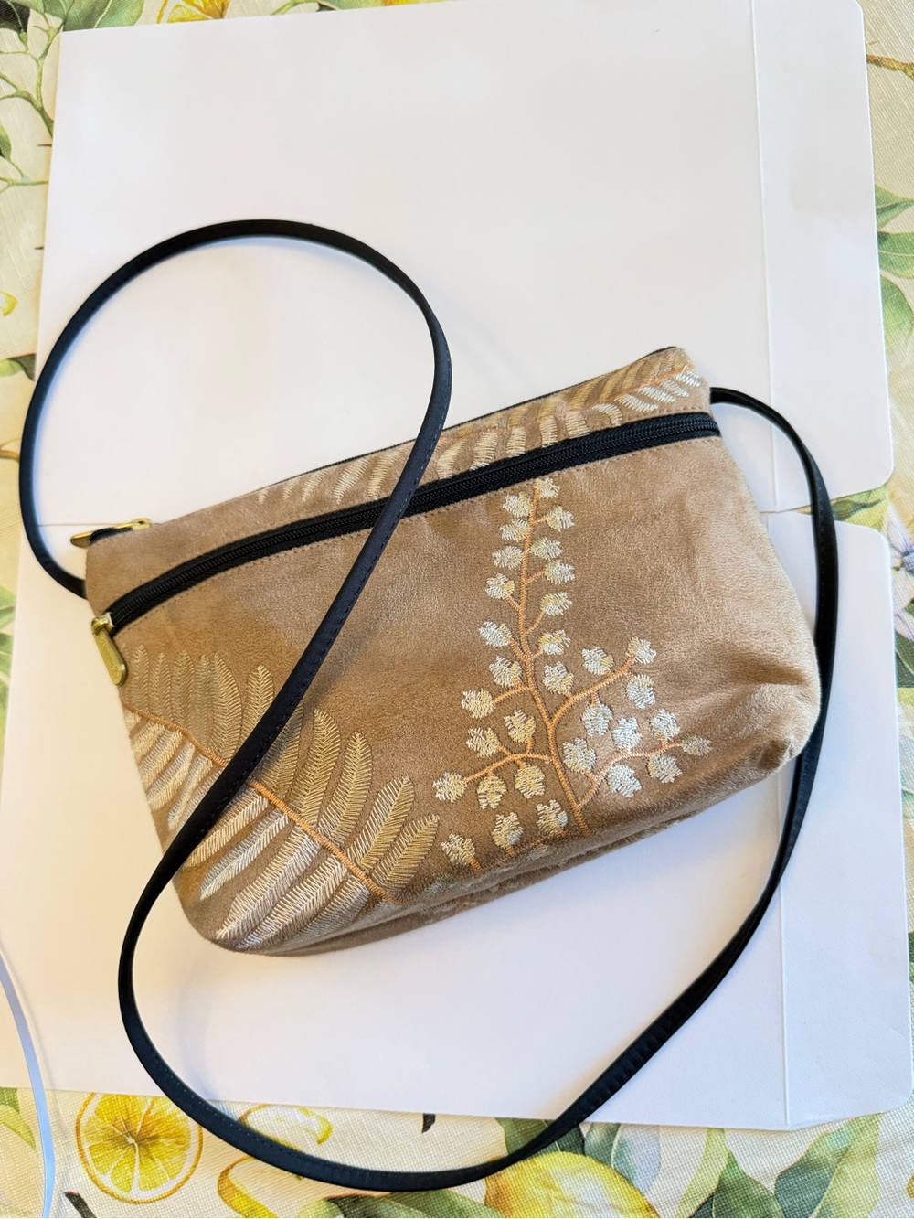 Beige Embroidered Crossbody Bag with Slim Black Strap
